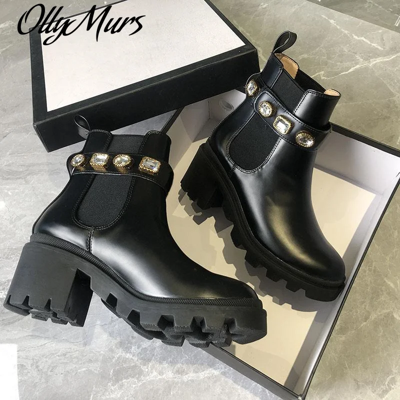 

Ollymurs Women Ankle Boots Chunky Heel Desert Booties Real Leather Lady Winter Fashion Luxury Bee Womens Work Non-slip shoes