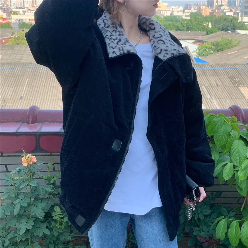 

2021 Leopard Patchwork Women Coat New Winter Corduroy Warm Loose Casual Jacket Female Outwear Elegant Tops