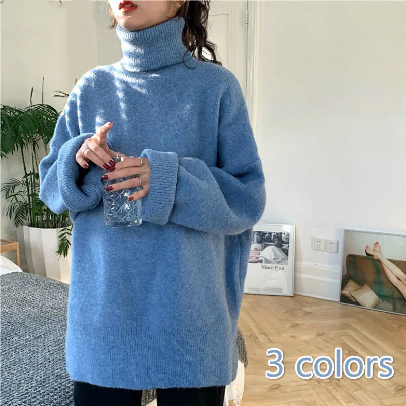 

Turtleneck Sweaters Women 2XL Elegant Winter Thickening Korean Trendy Teens Sweater Knitted Solid Chic Side-slit Ladies Pullover