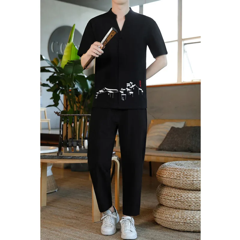 

2021 Summer New Arrivals Fashion Chinese style suit men's cotton linen short sleeve T-shirt large pants Surprise price