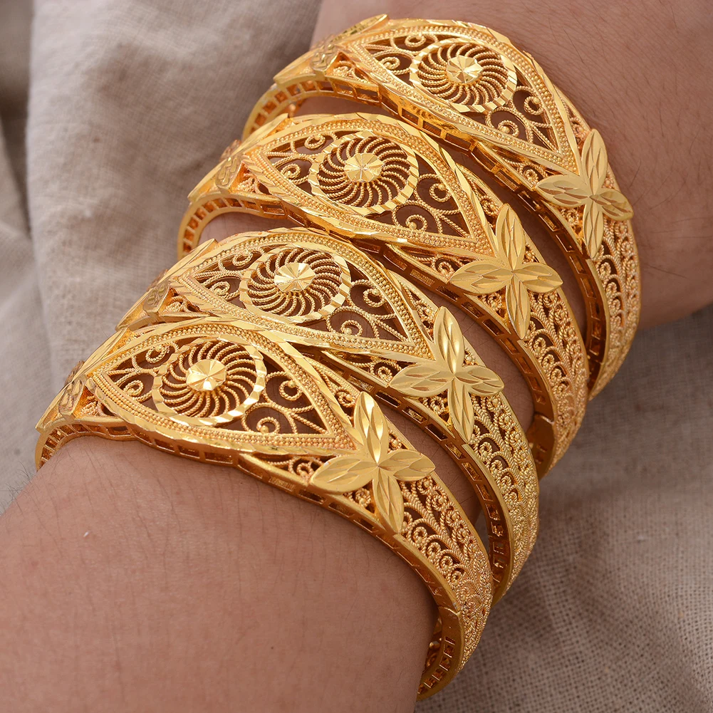 

4Pcs/set 24K Dubai Gold Color Bangles for Women Ethiopia Bangles&Bracelets Africa Saudi Arabia wedding jewelry Party gift