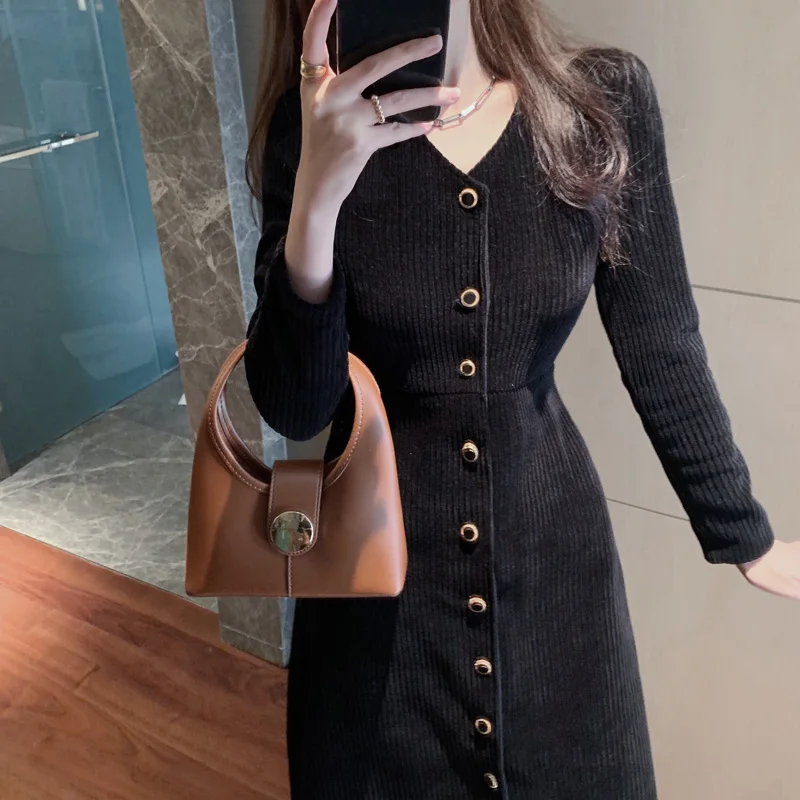 

French Minority Waist-Tight Dress for Women Autumn and Winter New Temperament Base Hepburn Style Inner Wear Corduroy Little