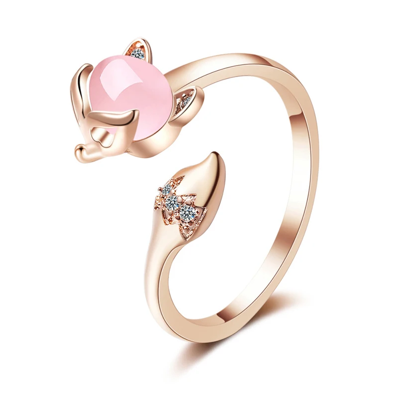 

Girl's Lovely Romantic Detailed Exquisite Finger Rings Cute Fox Animal Design Pink Opal Stone Opening Ring Band Jewelry Gifts