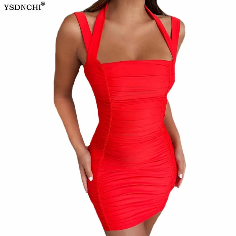 

YSDNCHI Ruched Women Mini Sexy Dress Bodycon Sleeveless Short Elegant Party Backless Halter Streetwear 2021 Summer Clothes Club