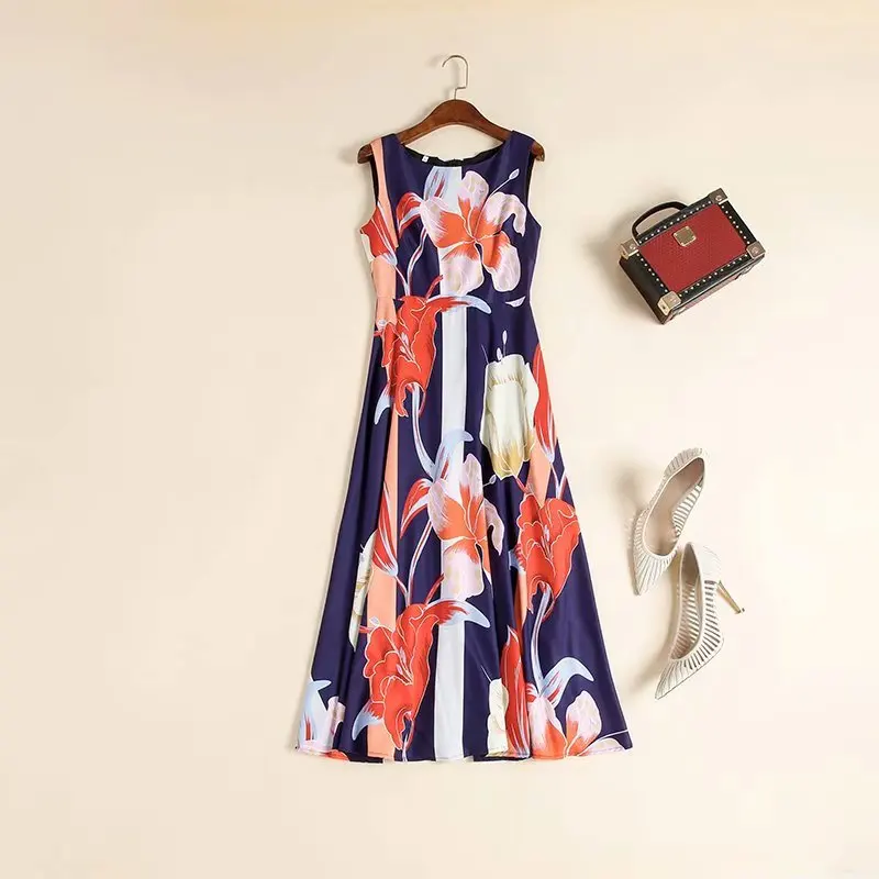 

women's European and American dress 2021 summer new styles Sleeveless round neck flower print Fashionable dress
