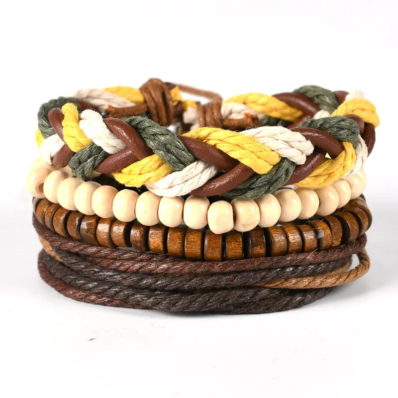 

New Men's Bracelet Vintage Hand Woven DIY Four Piece Leather Bracelet Simple Hemp Rope Beaded Bracelet