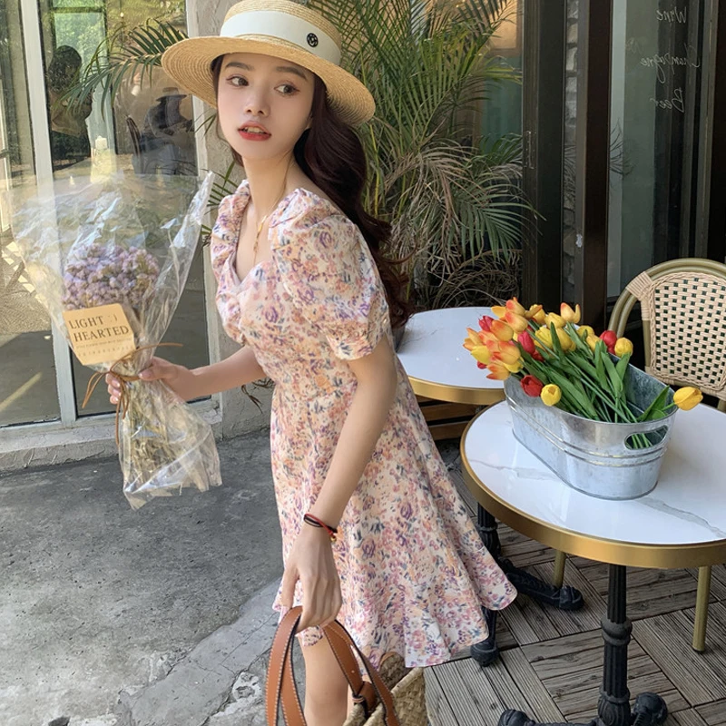

Korean Summer Square Collar Yellow Mini Dress Y2k Short Sleeve Sweet Floral Printed Beach Elegant Ruffles Dresses For Women 2021