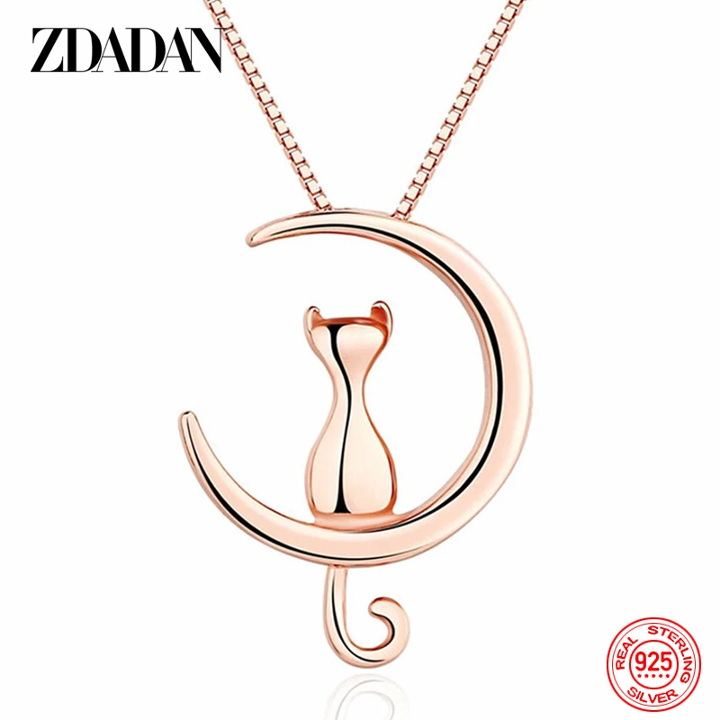 

ZDADAN 925 Sterling Silver Rose Gold Cute Moon Cat Necklace Chain For Women Fashion Jewelry Party Gift