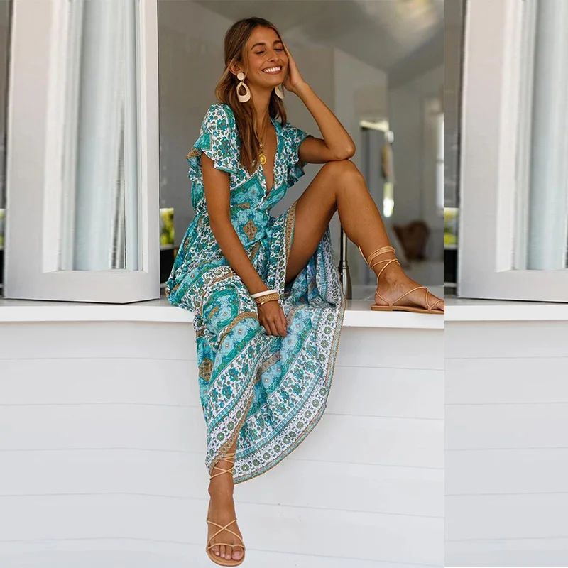 

2021 New Ladies Summer Bohemian Print Long Dress Women Butterfly Sleeve V Neck Elegant Ankle Length Dress