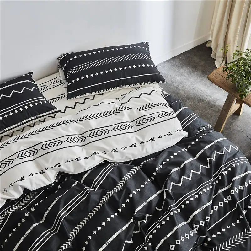 Комплект постельного белья из хлопка классический в полоску черно-белый цвет