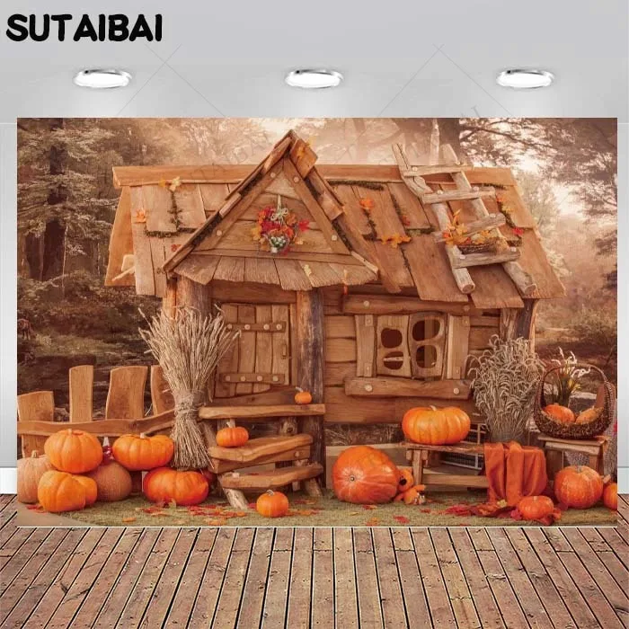 

Фон для фотосъемки на Хэллоуин с изображением леса деревянного дома тыквы