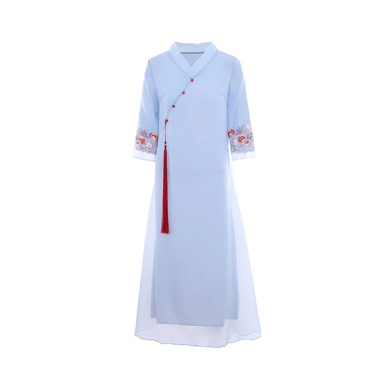 

Hanfu improved dress 2021 new summer Zen dress women's Chinese style pan button cheongsam Zen tea dress A-line version skirt