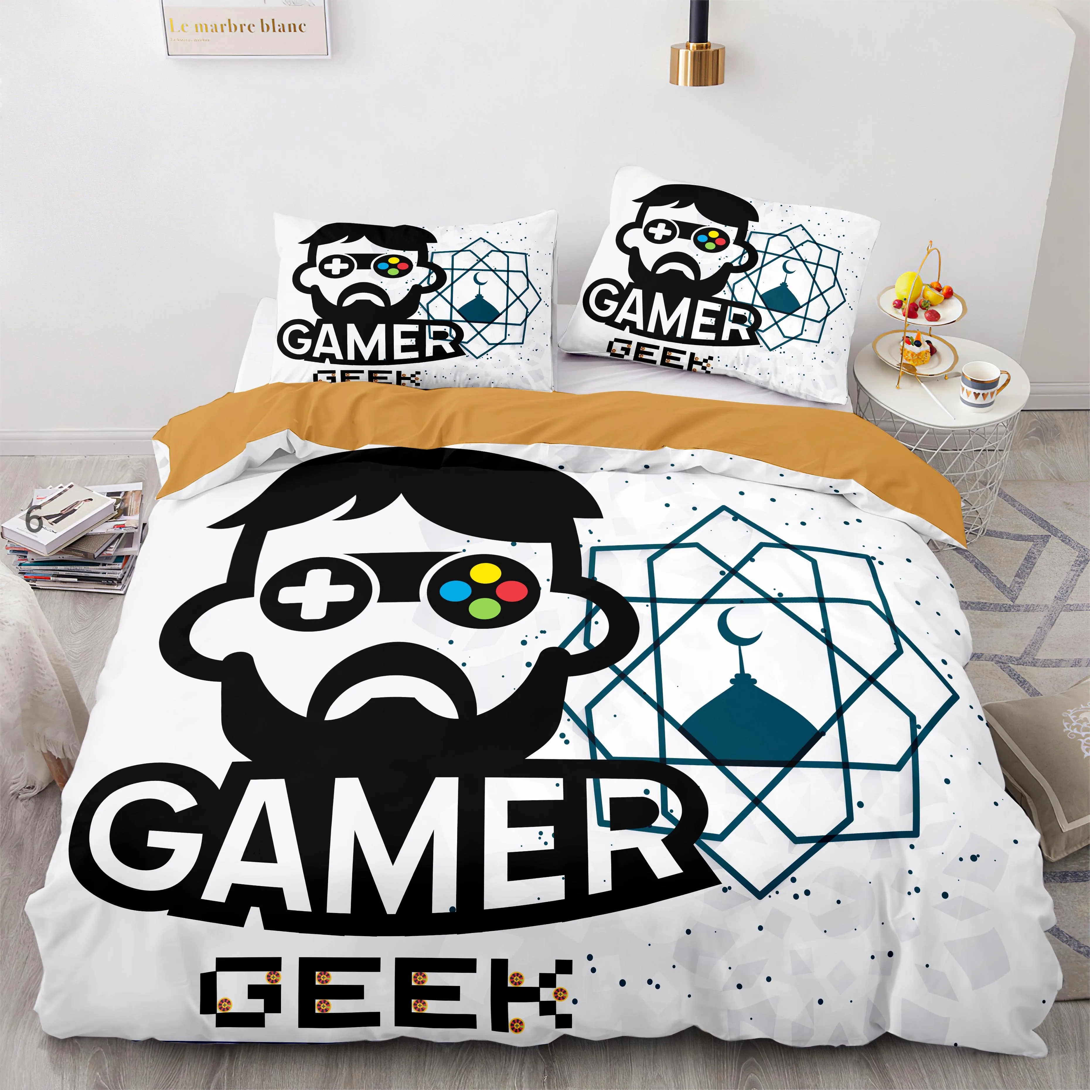 

Cartoon Game Down Quilt Cover Pillowcase Black White Purple Bedding Quality Game Controller Pattern Single King Queen Size
