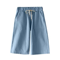 women wide leg short pants summer solid color pocket high waist draw string streetwear jogging plus size casual ladies pants