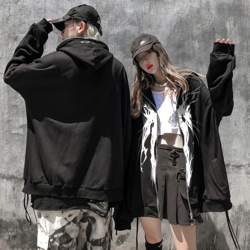 

Punk Graphic Print Zipper Ribbon Hooded Hoodie Men Casual Black Cool Oversize Coat Fashion Sweatshirt Streetwear Autumn