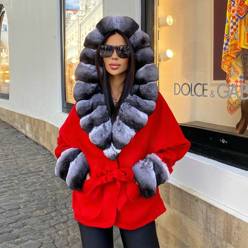 Fashion Red Natural Wool Blends Coat with Rex Rabbit Fut Trim of Hood Mid-length Real Rex Rabbit Fur Cashmere Coats Outwear 2022