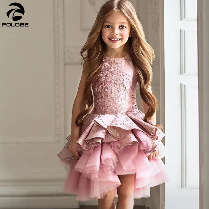 

FOLOBE Pink Flower Girl Dresses For Weddings A-line Tulle Lace Beaded Baby Long First Communion Dresses For Little Girls