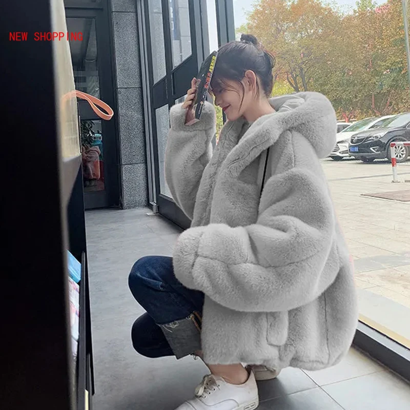 2022 Faux Fur Women Coat with Hood Fashion Zipper Plush Thick Slim Pink Faux Fur Jacket Fake Rabbit Fur Coats Chaqueta Mujer