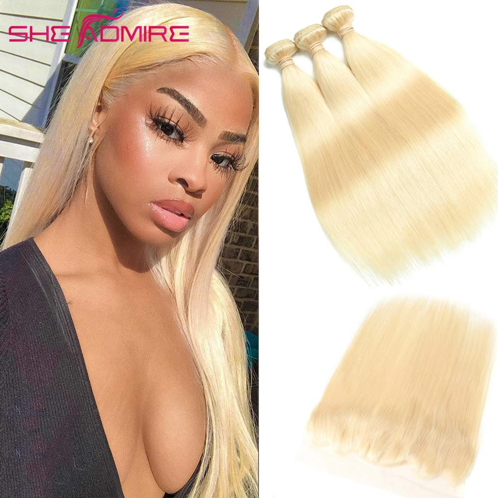 

613 Bundles With Frontal Straight She Admire 30 40 Inches Brazilian Remy Blonde Human Hair Weave 3/4 Bundles With Closure 4x4