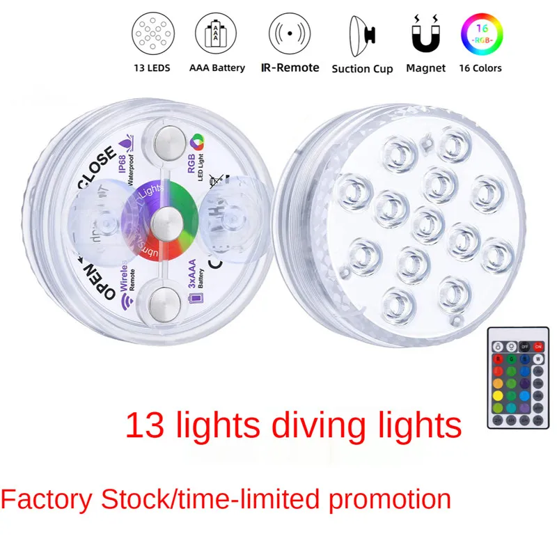 New 13 Lights Remote Control Diving Light with Magnet Suction Cup Waterproof Swimming Pool Light Underwater Atmosphere Light