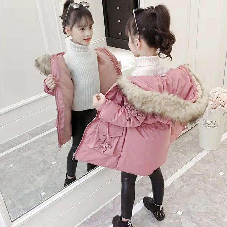 

-30 Degrees New Girl Clothing Cotton Padded Parkas Winter Jackets Kids Warm Thicken Hooded Fur Coats Teen Girls Outwear Parka