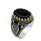 Турецкое двухцветное ювелирное изделие ручной работы, серебряное кольцо для мужчин, кольцо из оникса, серебряное винтажное мужское кольцо с черным агатом