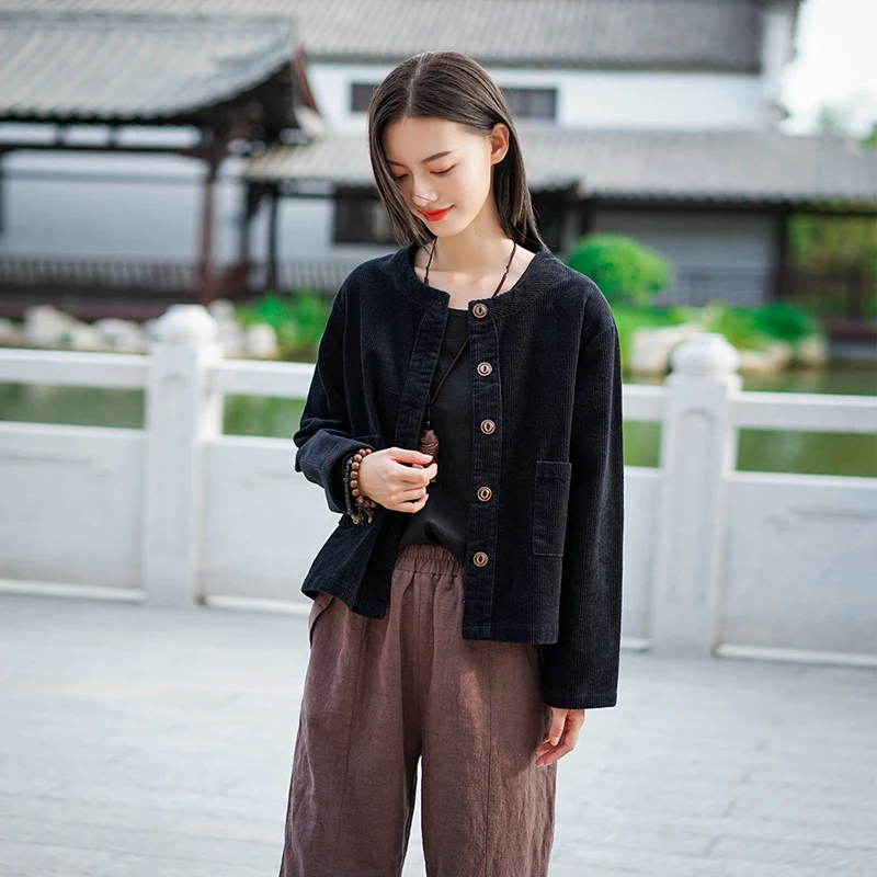 Johnature/Новинка Свободный однобортный вельветовый кардиган с круглым вырезом и