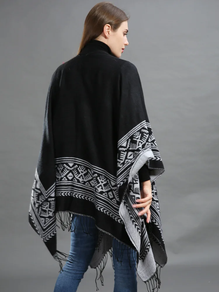 Зимнее модное женское Вязаное пончо оверсайз толстые свитера с бахромой