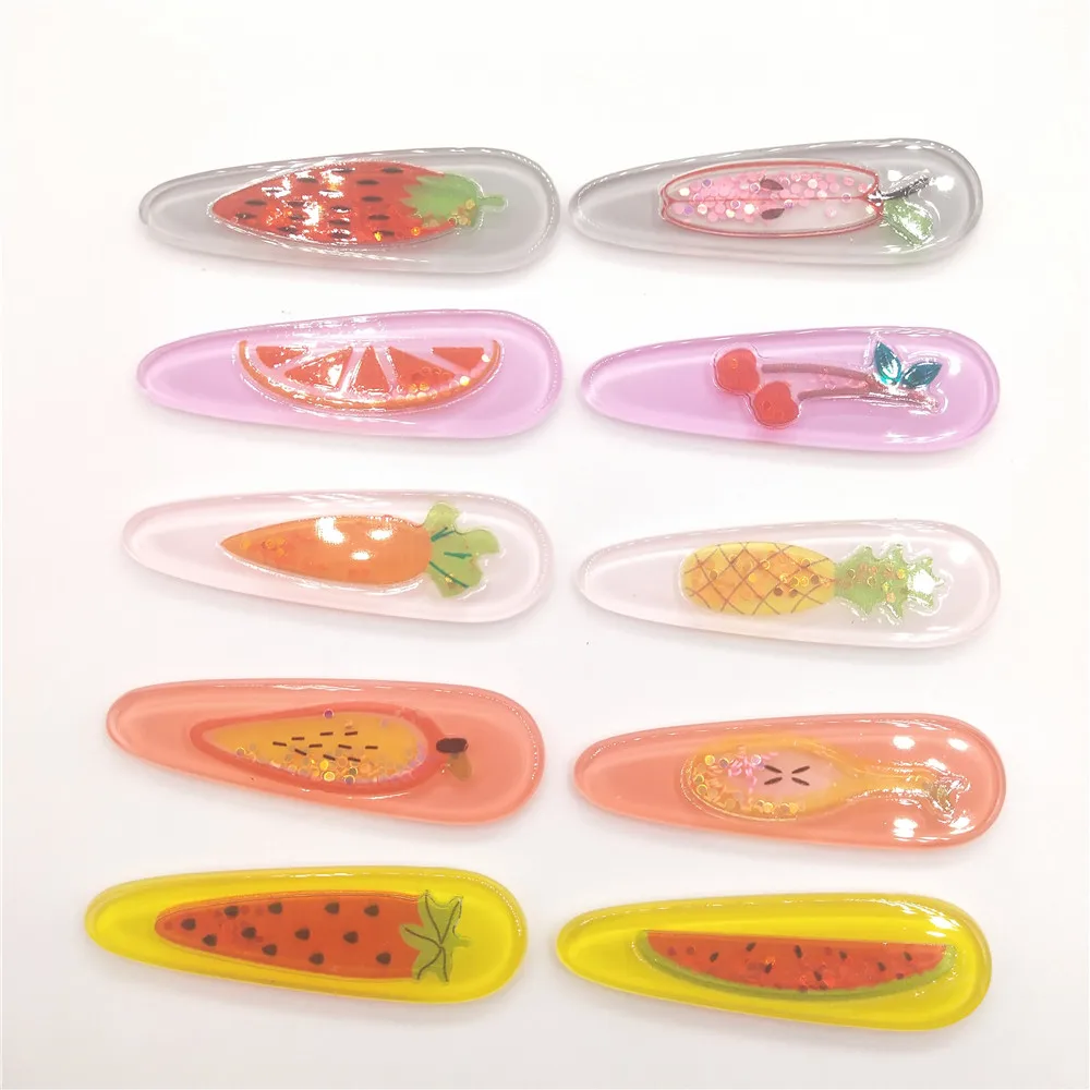 

10 шт./лот 5*1,5 см «сделай сам», фрукты и овощи, акриловый зажим для волос с зыбучим песком, декоративный кабошон с плоской задней стороной, аксе...