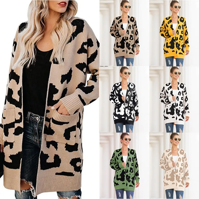 

Nice Pop Pop-selling sweater women's mid-length double pocket leopard print cardigan