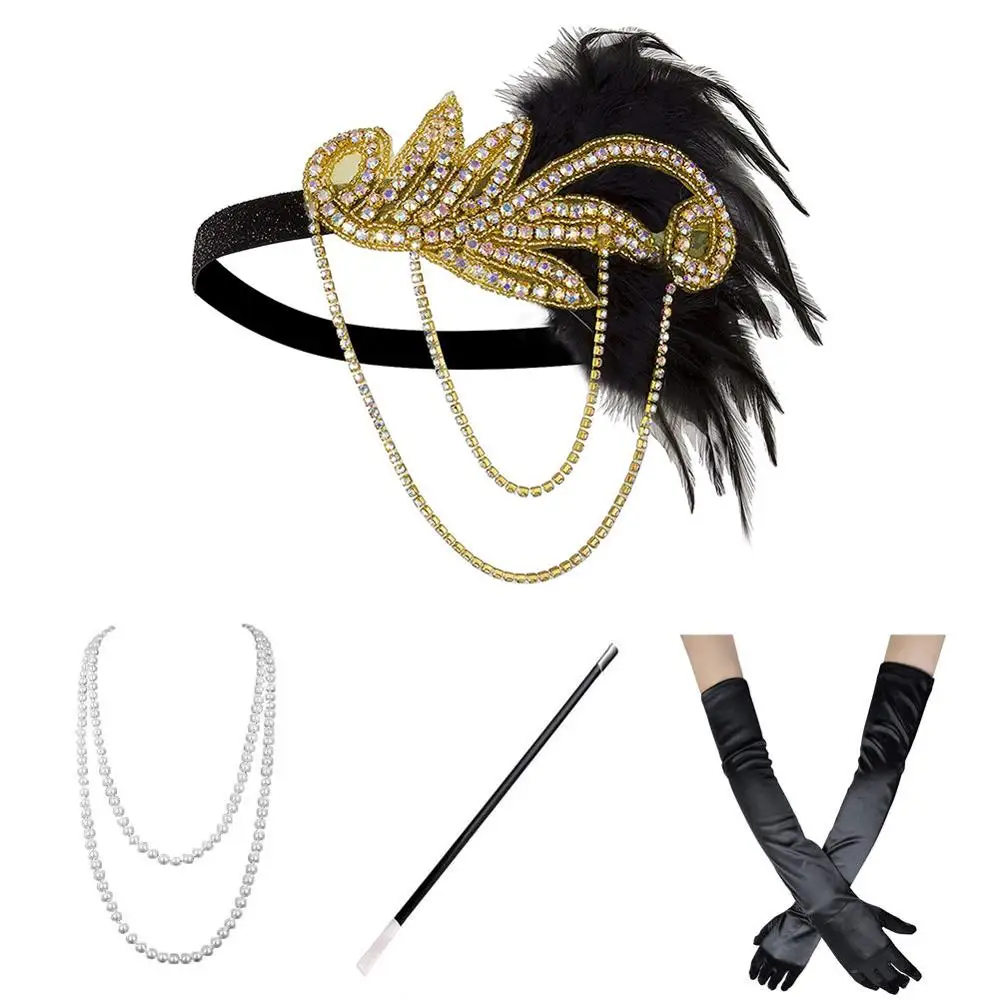Gold Set 1920s костюм девушки-флаппера Gatsby аксессуары набор для женщин Ревущие 20 ободок с сережками ожерелье перчатки сигарета держатель золото, вино - Цвет: Gold Set