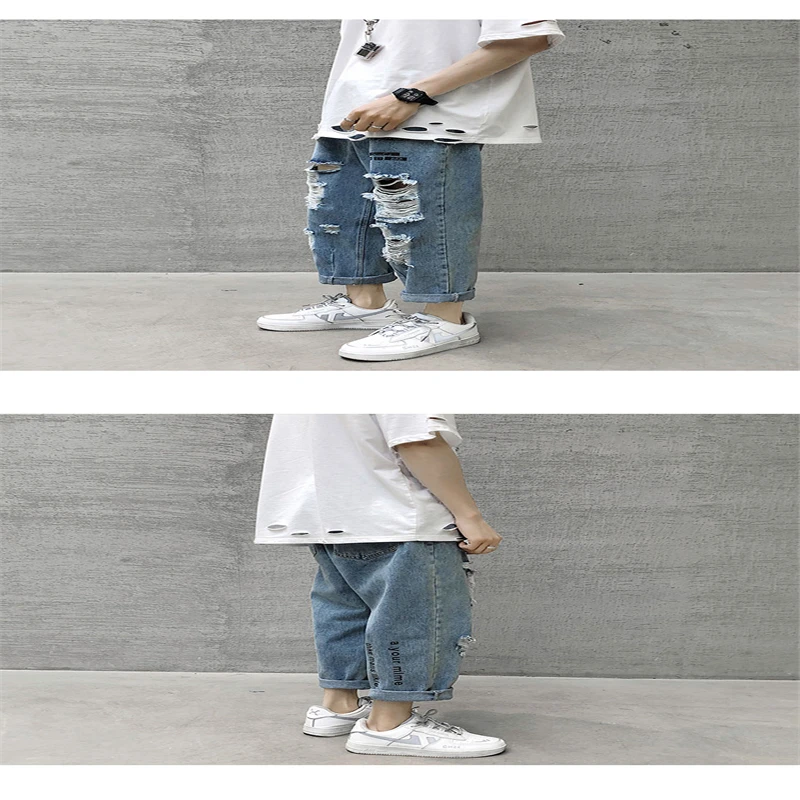 

2021 Spring And Summer Trousers, Handsome Jeans, Men's Trendy Brand Loose Casual 9-Point Pants, Trendy Wild Straight Hole Pants
