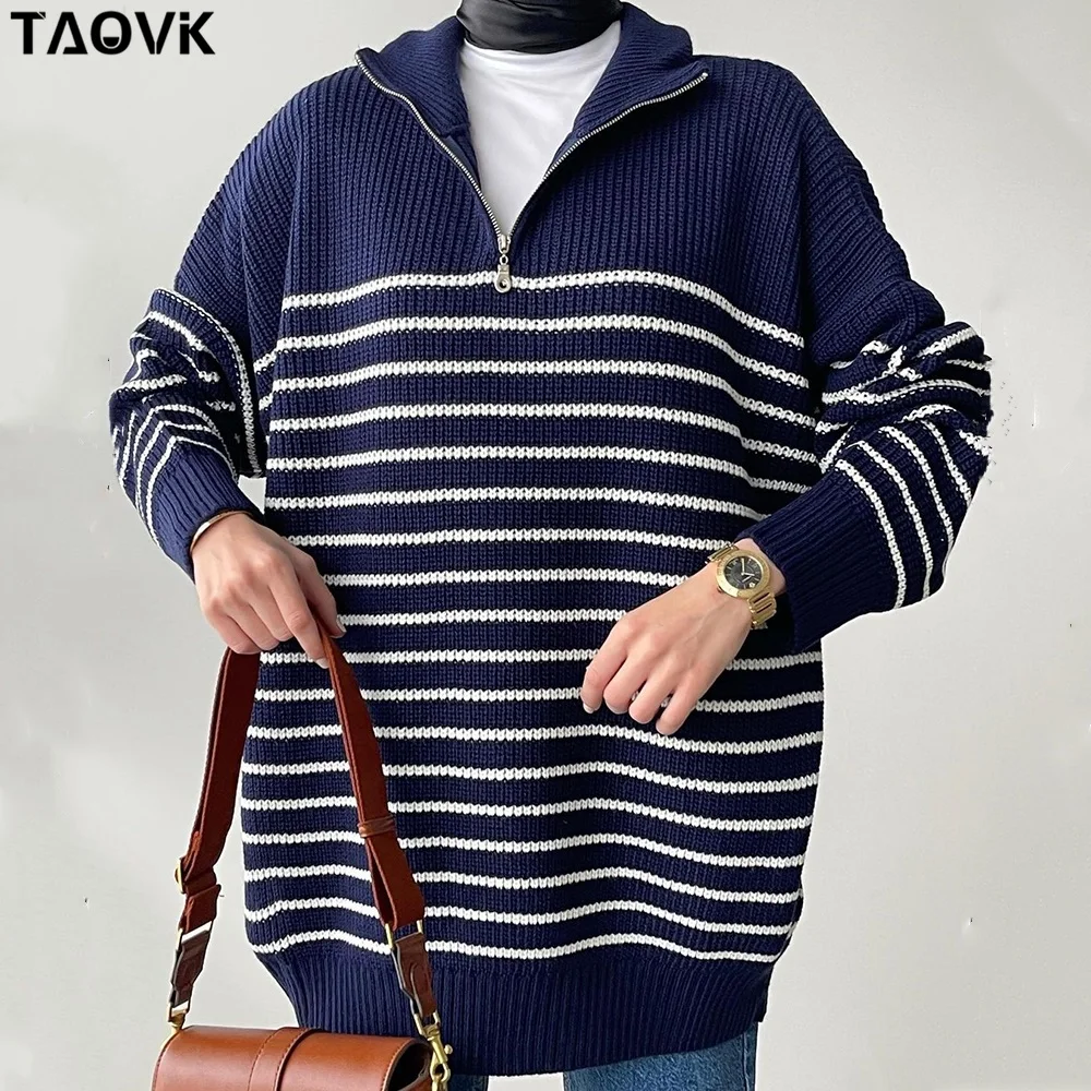 

TAOVK Women's Knitted Pullover Sweater Half-Zip Color-Blocking Striped Long-Sleeved Loose Women Warm Jumper