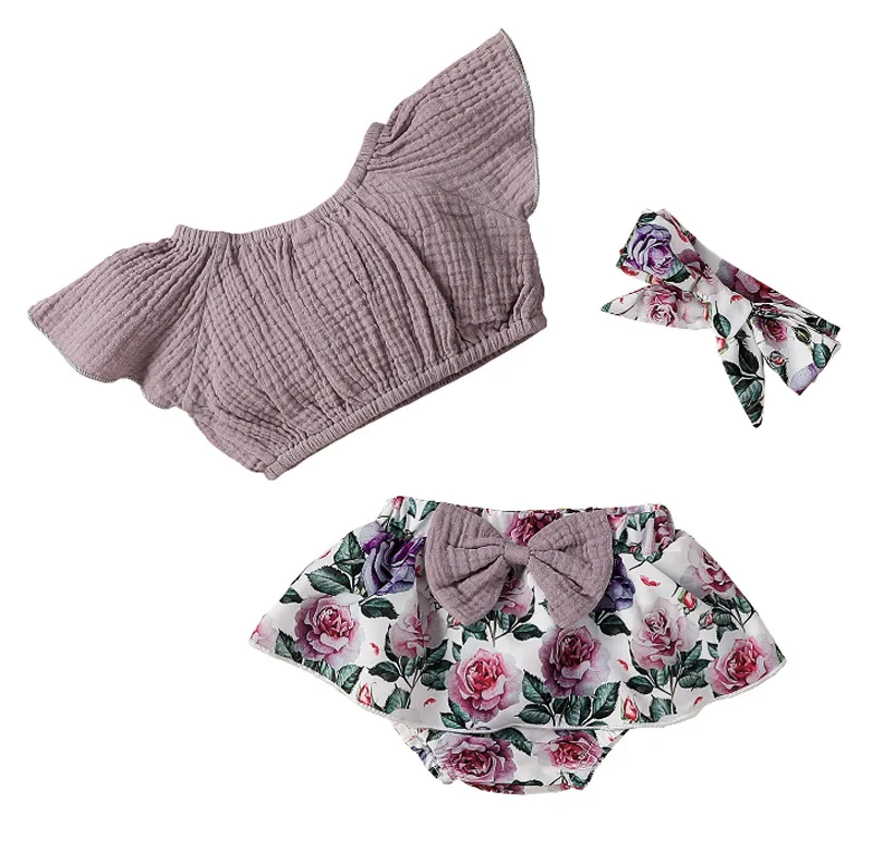 

Pudcoco 3Pcs 0-18M Baby Girls Summer Short Fly Sleeve O-Neck Tops+Floral Print Bowknot Shorts+Headwear Outfit Sets