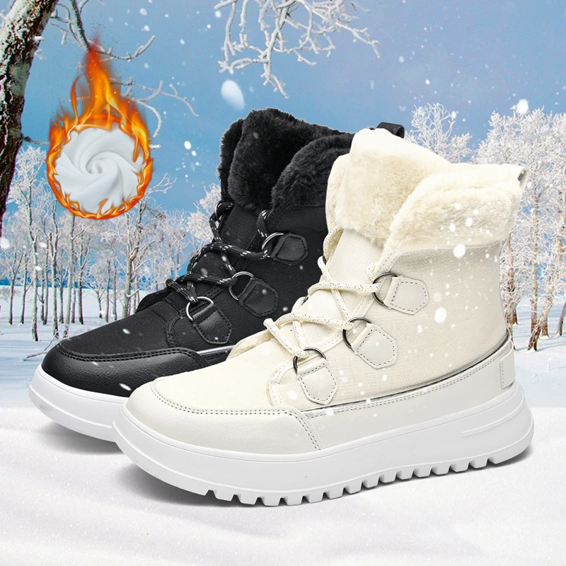 

Winter Women's White Thick Bottom Plush Warm Outdoors Snow Boots Ladies Fashion Platform Walking Shoes Big Size 36-42 Woman's