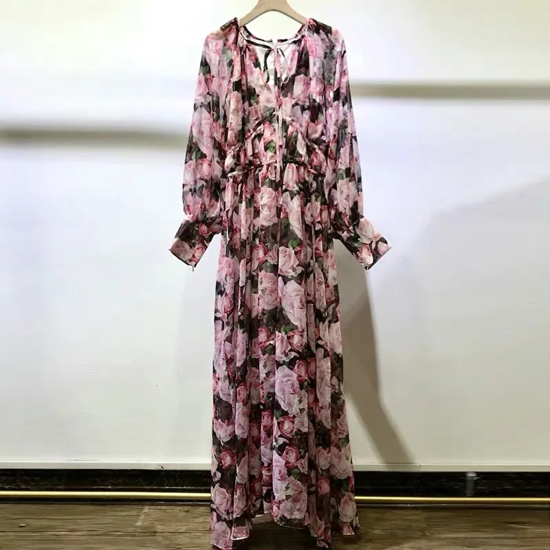 

Maxi Dress 2021 Fashion Women Spring Hollow Out V Neck Lantern Sleeve Sexy Split Pink Floral Print Vacation Party Swing Dresses
