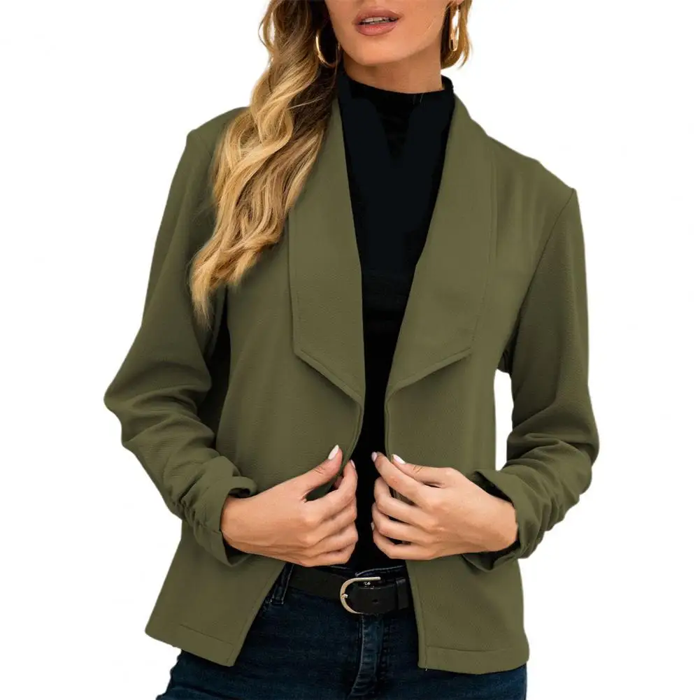 

Ele-choices Office Lady Blazer Solid Color Shirring Cuff Autumn Winter Lapel No Button Irregular Suits Jacket for Daily Work