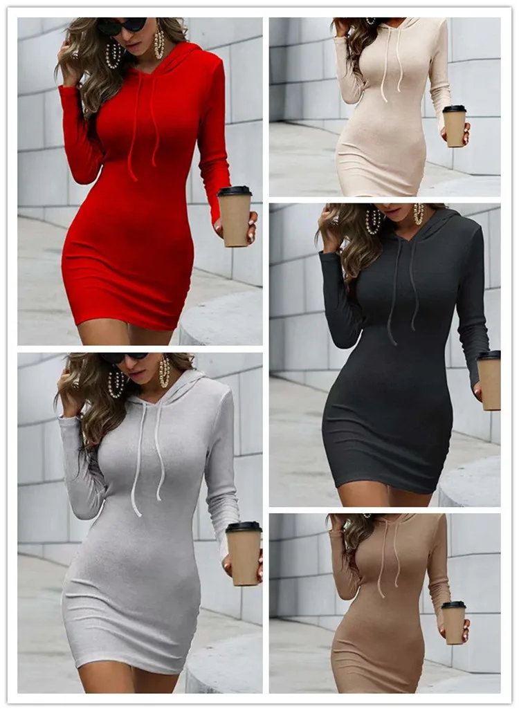 

Women's New Long Sleeve Solid Temperament Sexy Hooded Bag Hip Bodycon Dress Female Clothing Autumn Winter Fashion Tunics Dresses