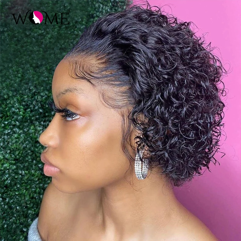 

WOME Malaysia Kinky Curly Pixie cut wig 13x1 Lace Wig Human Hair Wigs For Black Women Pre Plucked Hairline 150% Remy Short wig