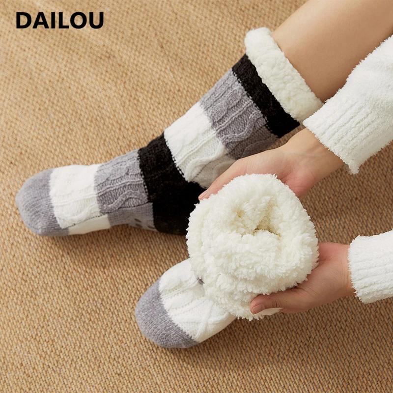 

2020 Winter Thick Warm Women Socks Velvet Silicone Anti-Slip Fleece Home Floor Socks Harajuku Ladies Funny Socks Christmas Gifts