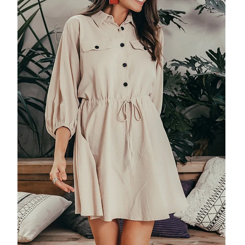 

Cotton Linen Shirt Dress Women Long Sleeve Buttons A Line Casual Elegant Turn-Down Collar Summer Mini Female Dress Vestidos