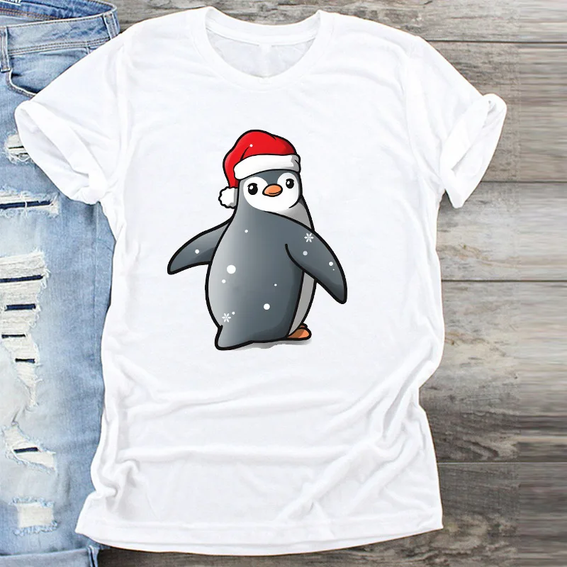 

Christmas Penguin Tees Christmas Santa Claus Shirt Christmas Elk Snowman Print Cartoon Happy New Year Holiday Tshirt for Women M