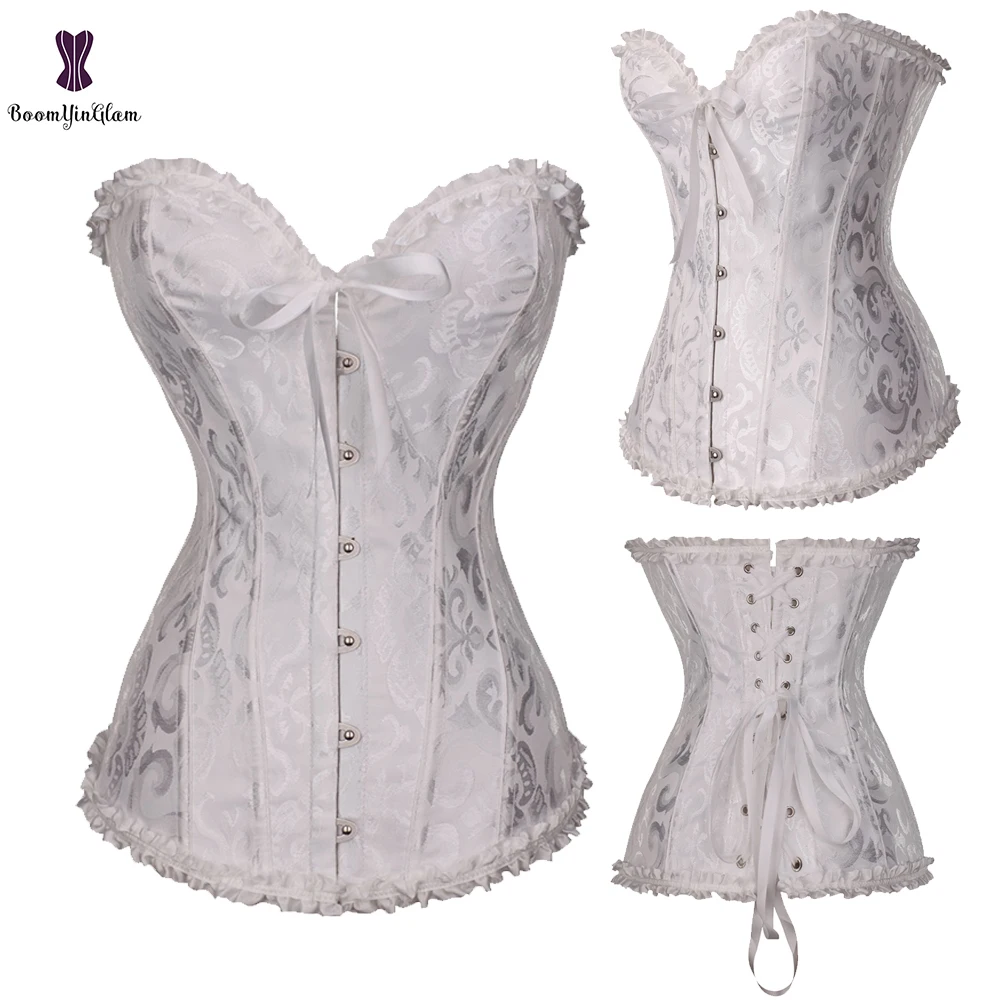 

Women Overbust Corset Lace Up Steel Boned Waist Trainer Bustier Top Black White Burlesque S-2XL Corselet