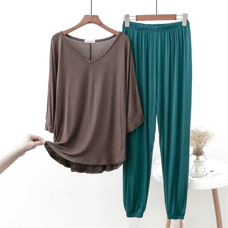 

2022 New Spring Modal Home Clothe For Women V-Neck Loose Pajama Set Summer Thin Long-sleeved Trousers Home Suit Nightwear Female