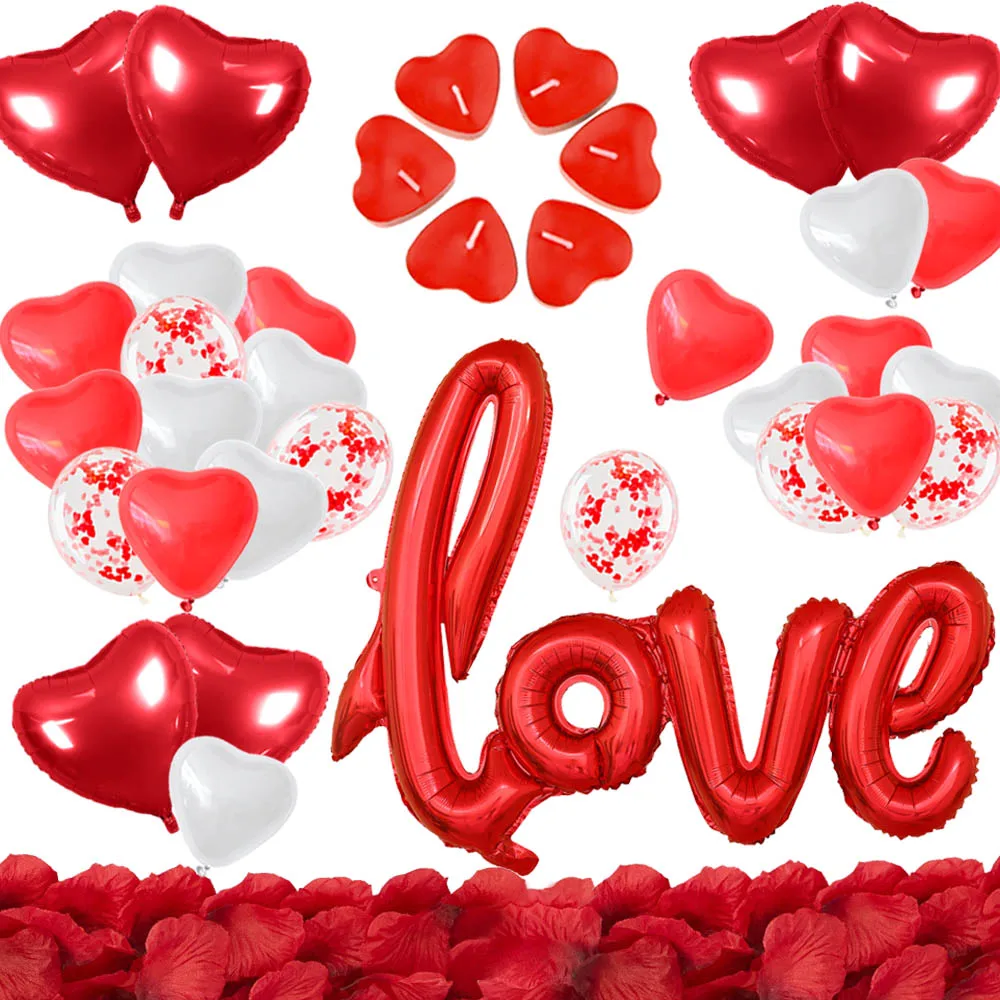 Globos decorativos para el D&iacute;a de San Valent&iacute;n, decoraci&oacute;n XXL con letras de amor, velas de coraz&oacute;n, p&eacute;talos de rosa, coraz&oacute;n rojo y blanco, globos de confeti para St V-0