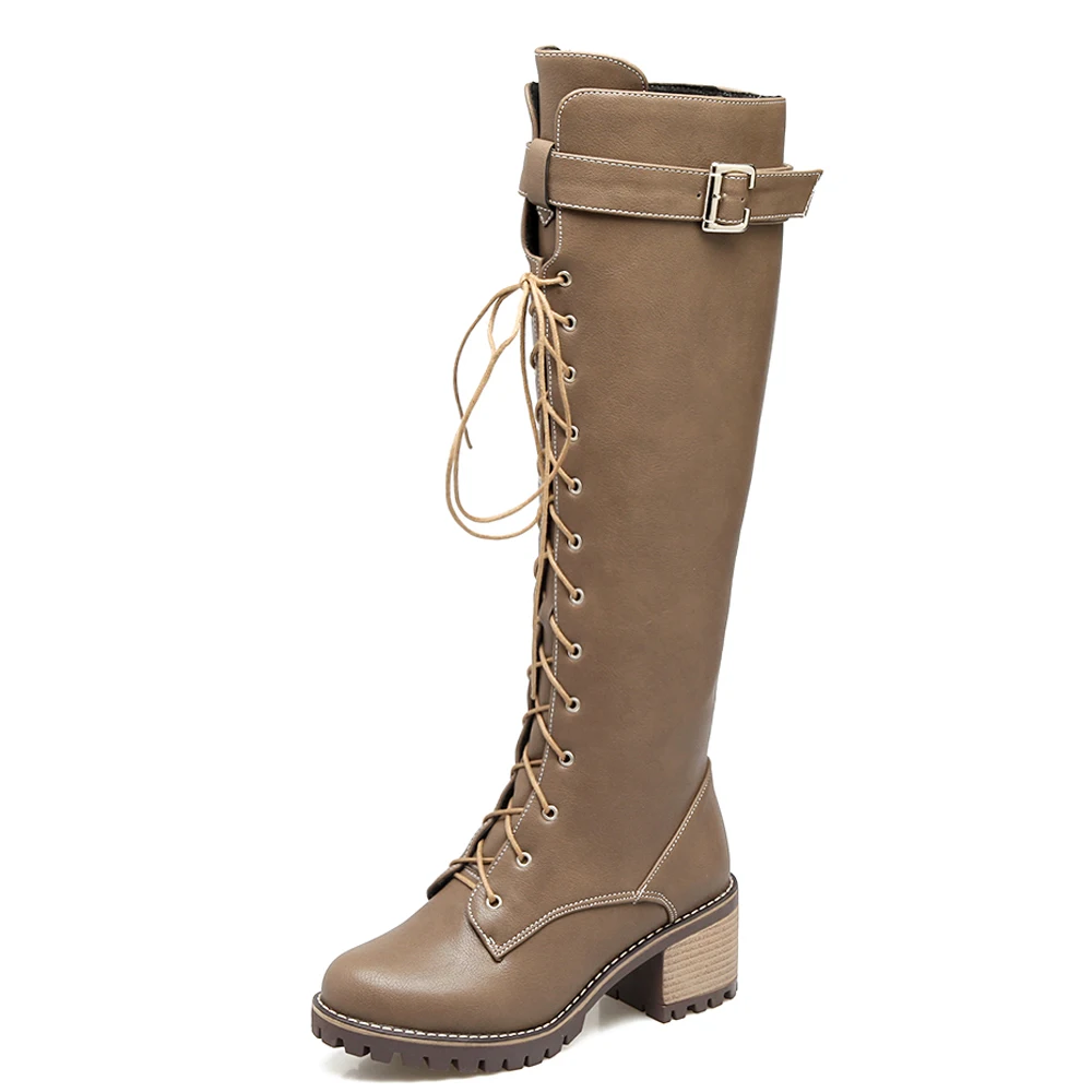 

Сапоги до колена на толстом каблуке с боковой молнией и перекрестной шнуровкой, сапоги на шнуровке с ремешком и пряжкой, сапоги с круглым но...