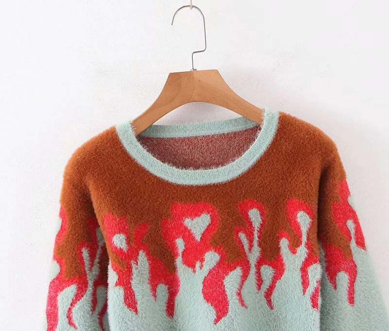 LUNDUNSHIJIA Women Sweaters Vintage Flame Faux Marten Hair Knitting Pullovers 2019 Autumn Long Sleeve Short Slim Female Sweater | Женская