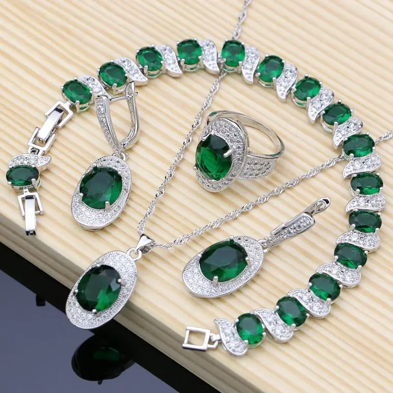 

Luxury Gem Emerald White Topaz 925 Sterling Silver Sets Women Bridal Jewelry Charm Bracelet Earrings Birthstone Necklace Sets