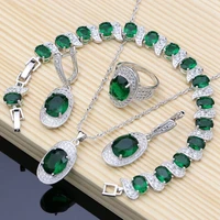 luxury gem emerald white topaz 925 sterling silver sets women bridal jewelry charm bracelet earrings birthstone necklace sets