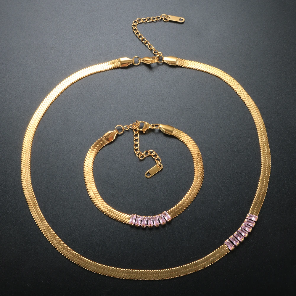 

New Trend Minimalist Square CZ Color Zircon Blade Chain Ladies Collar Fashion Snake Chain Bracelet Ladies Jewelry Set Gift